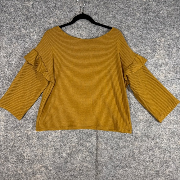 Rebecca King Mustard Ruffle Sleeve Ribbed Sweater Top Made in Canada Size XL - Picture 2 of 16